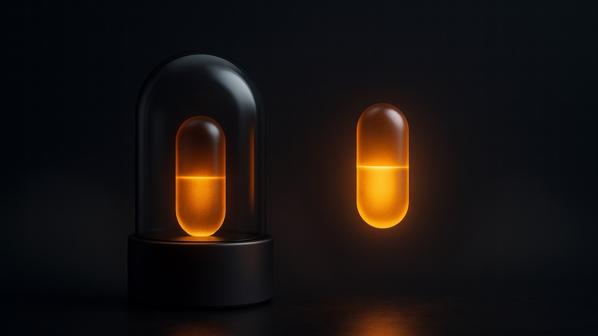 An amber capsule glowing inside a closed dome, beside an identical capsule floating freely with no enclosure