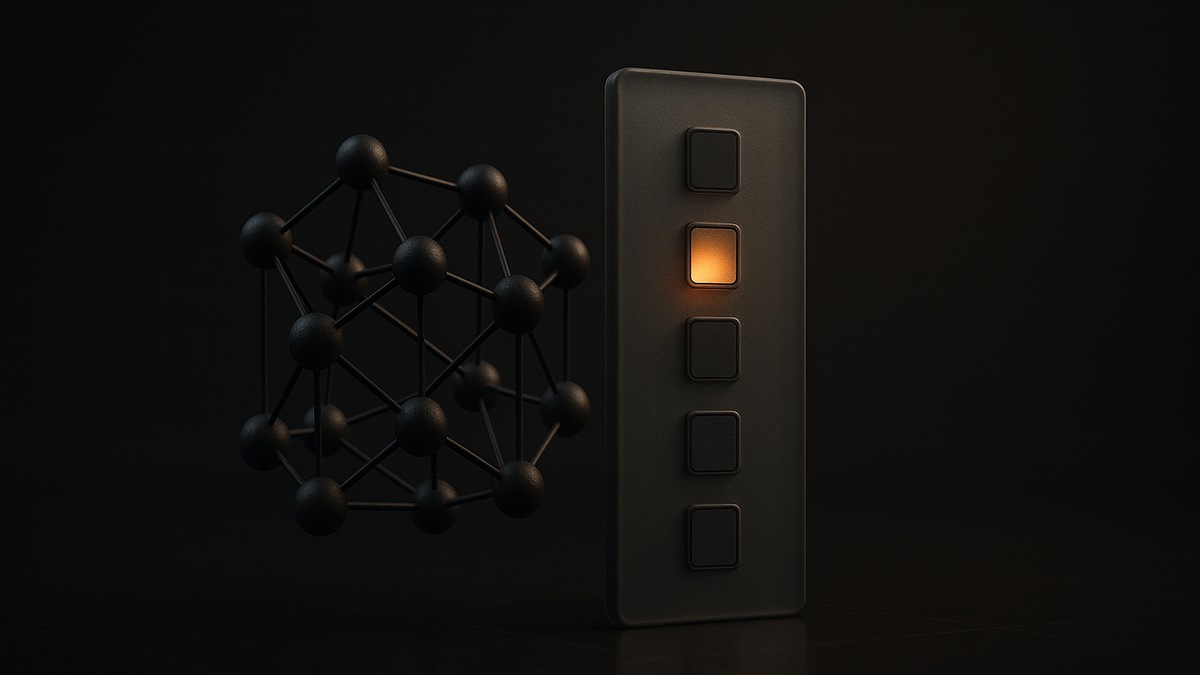 A cluster of connected nodes beside an upright panel of five test slots, one lit amber