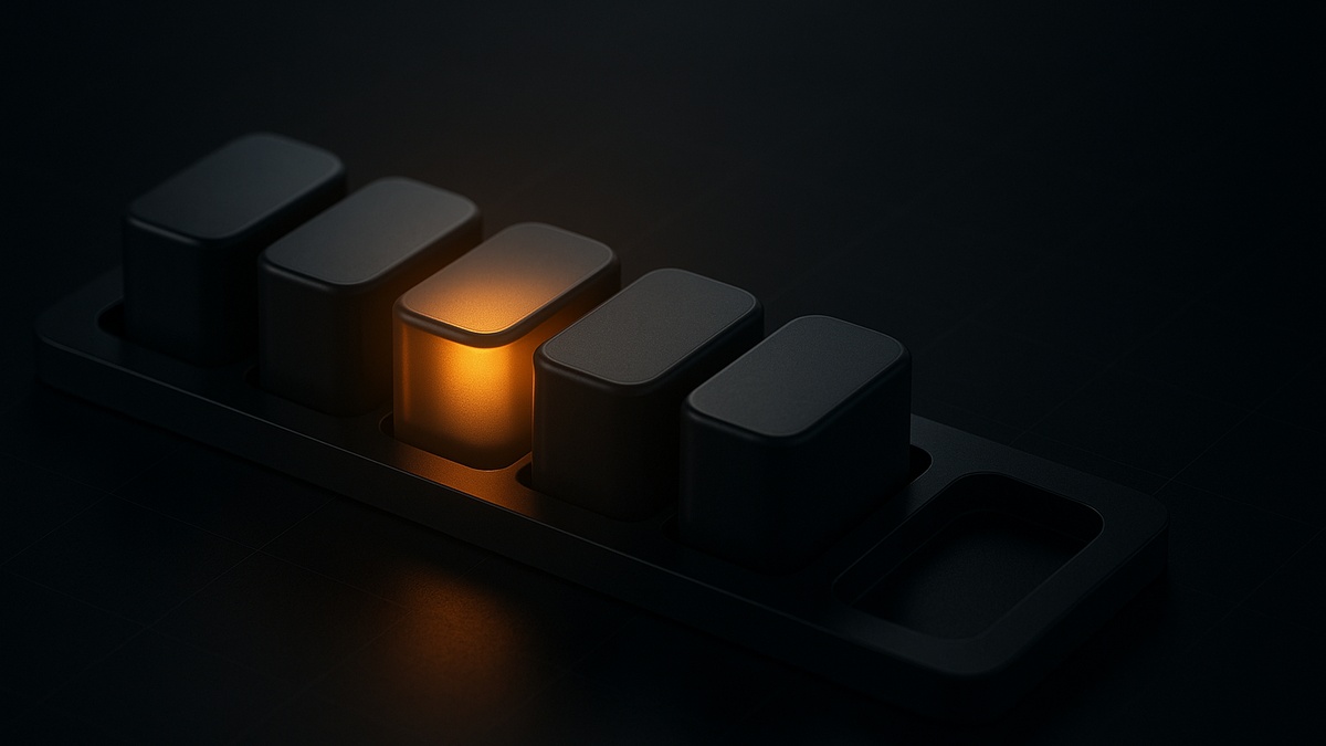 Five interlocking amber module shapes in a row, with a faint dotted outline where a sixth would go