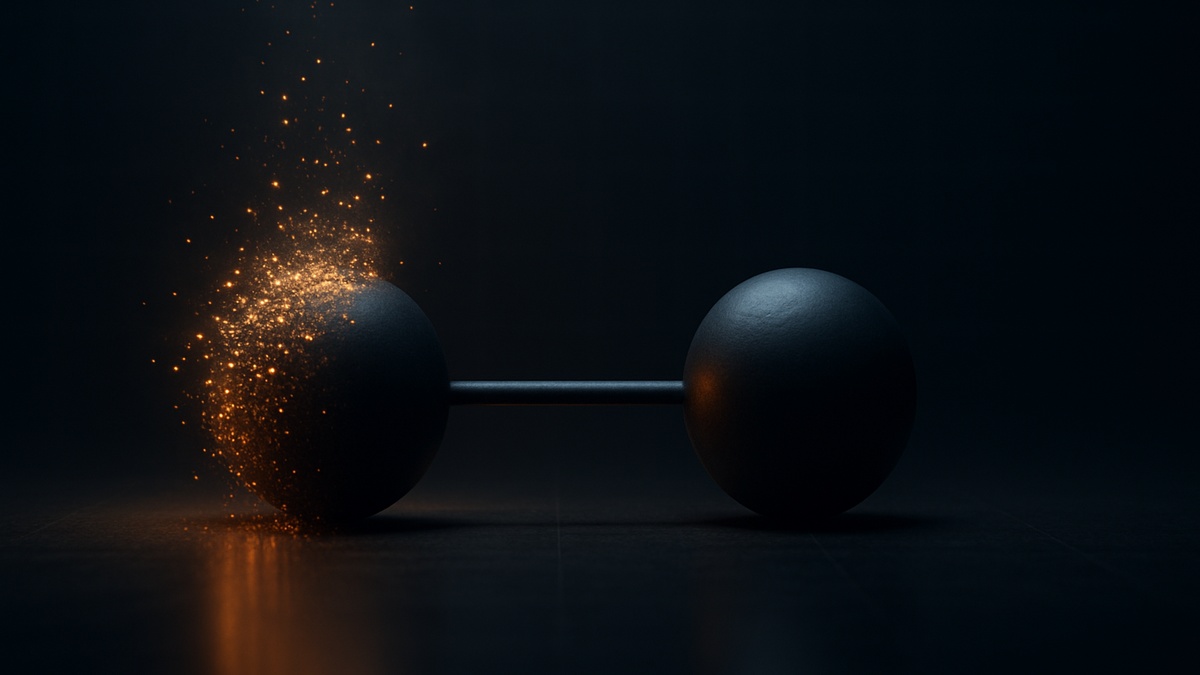 One node dissolving into particles while a clean line points to a remaining solid node