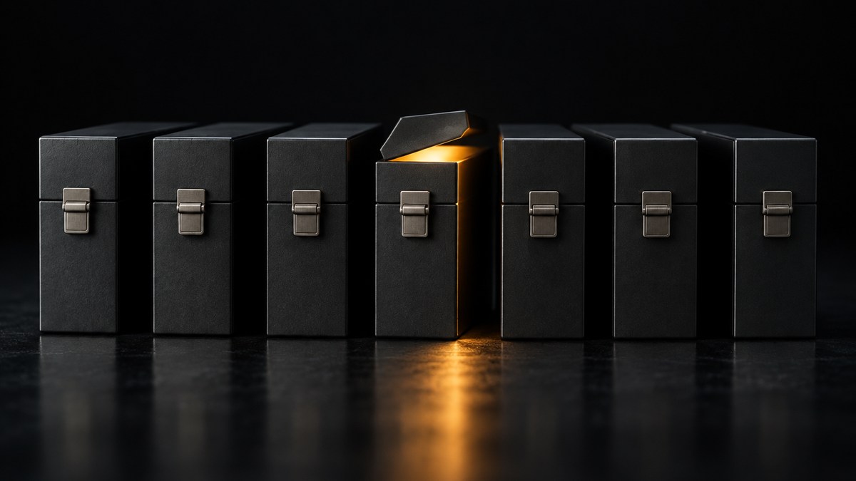 Seven matte graphite archive cases in a row, the fourth one open with amber light inside