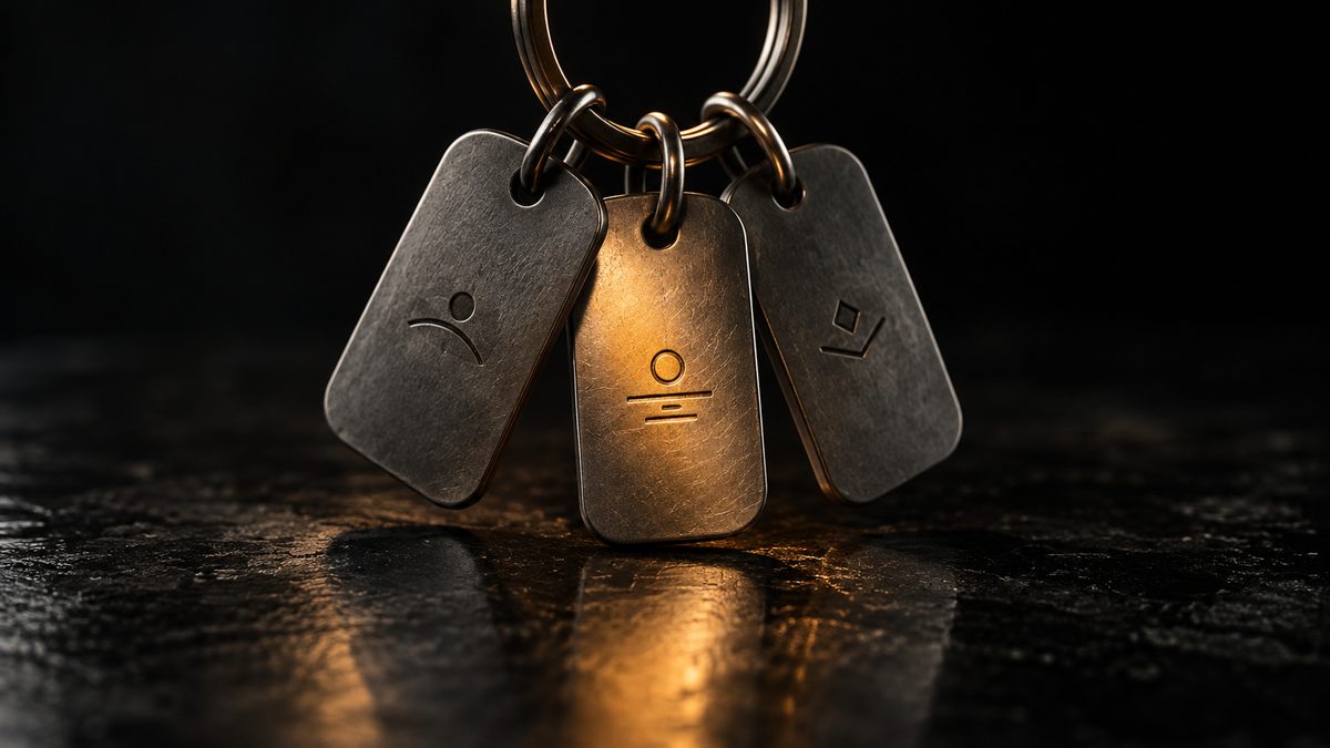 Three graphite metal tags on one steel ring with the middle tag lit amber