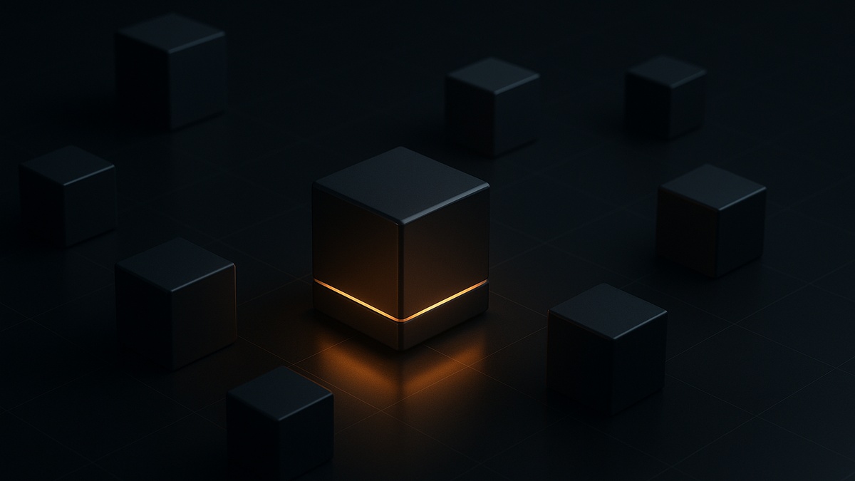 A loose cluster of sealed cubes at different sizes, one glowing amber among the rest