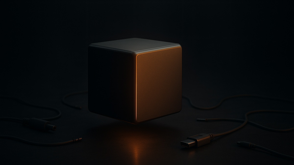 A single sealed cube with an amber seam, surrounded by loose cables that reach nothing