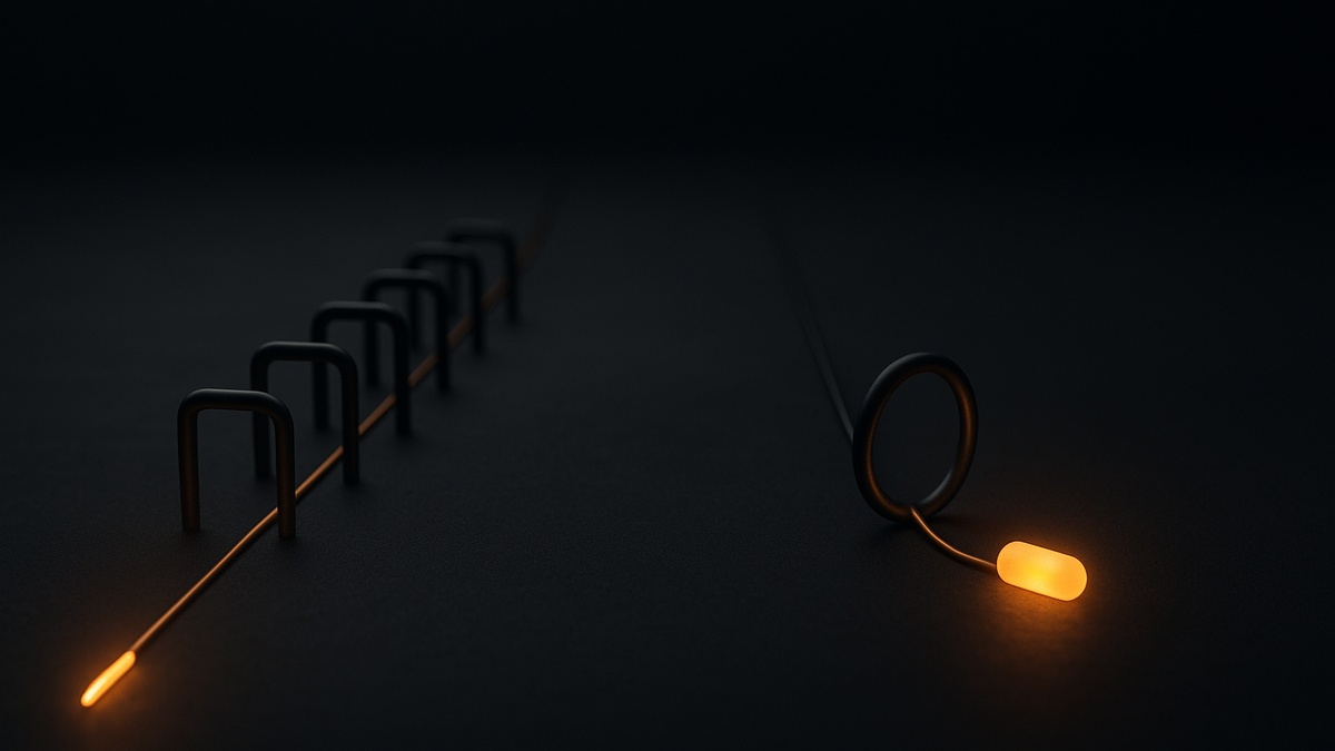 On the left a thin amber wire passes through six small black gates in a row, on the right a single wire passes through one ring, and both end at a glowing amber capsule