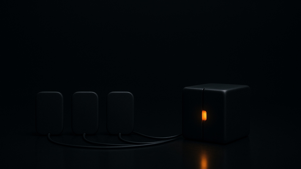 Three dark graphite devices connected by cables to one larger graphite cube with a single amber glow