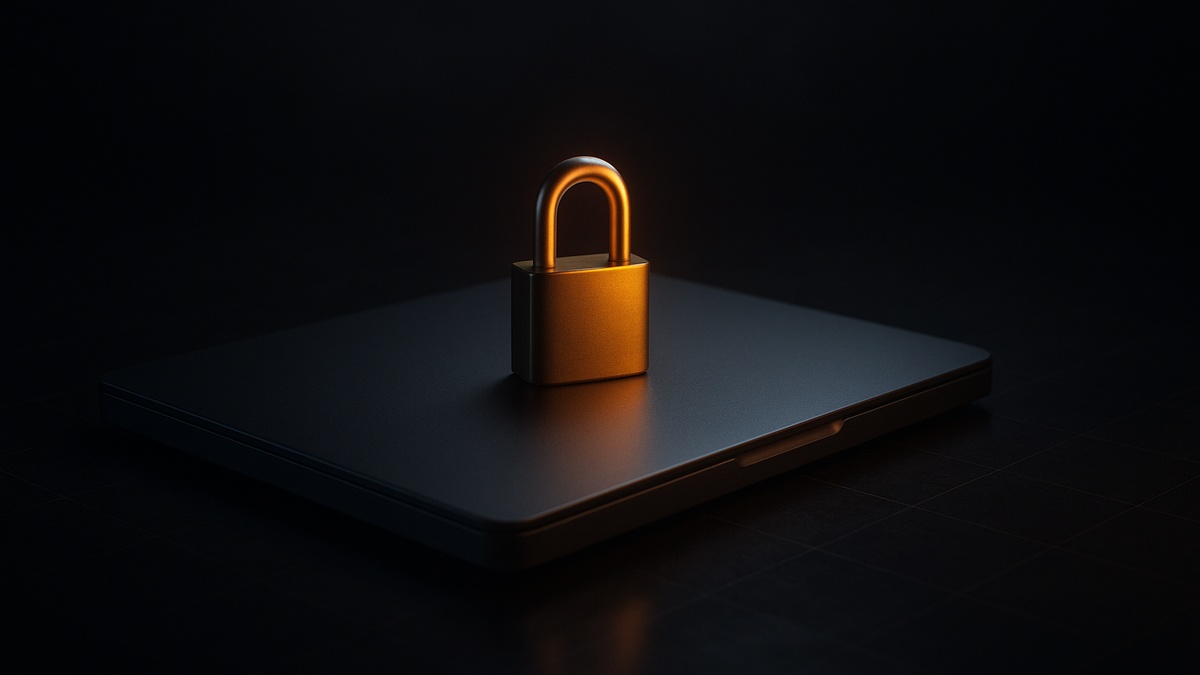 A small amber padlock resting on the lid of a closed laptop, no cables or network lines