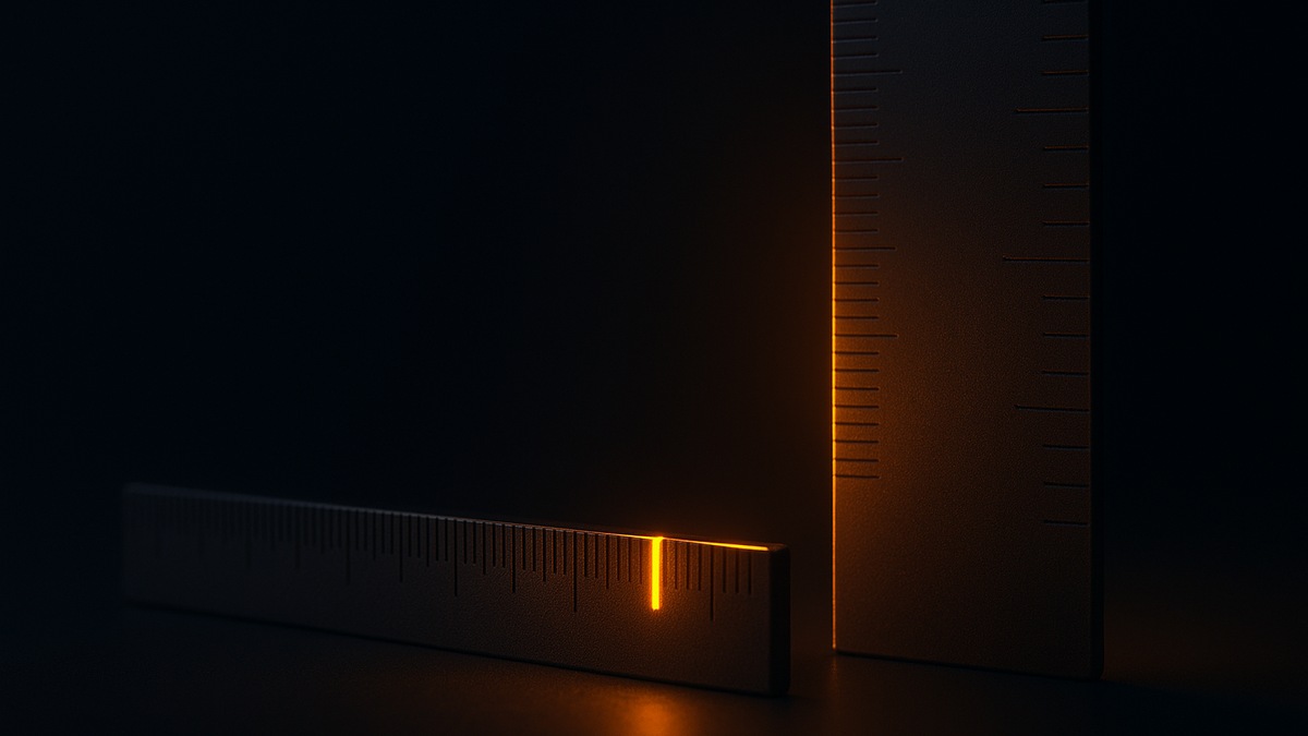 Two graphite rulers with different graduations, one notch glowing amber